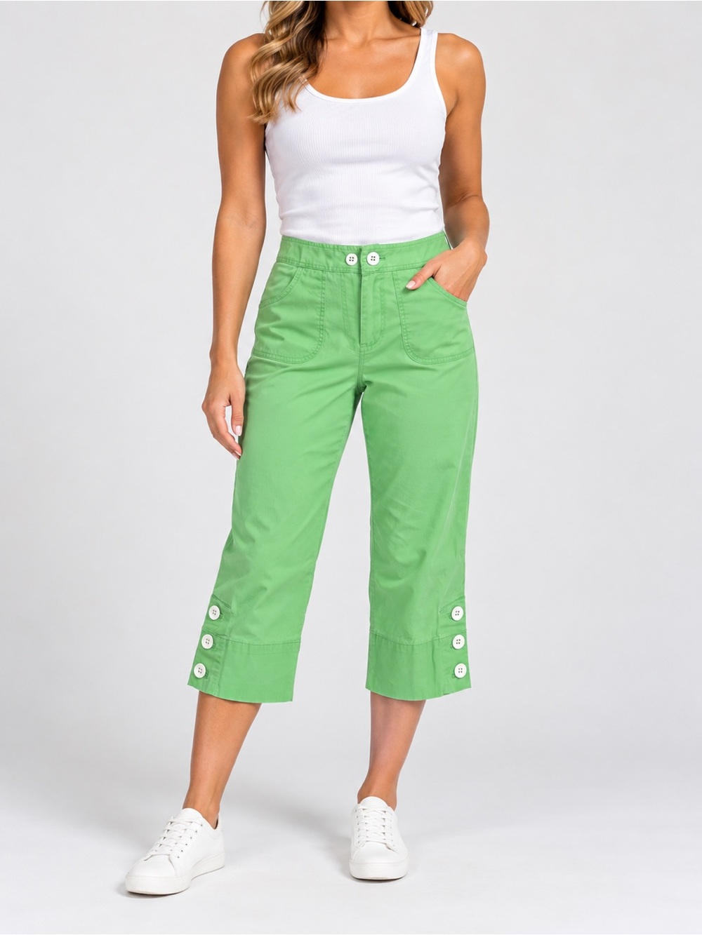 Talbots Women’s 4 Mint Green Capri Pants White Button Accent Cotton Stretch